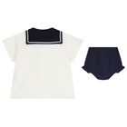 Baby Girls White & Navy Blue Blouse Set, 1, hi-res