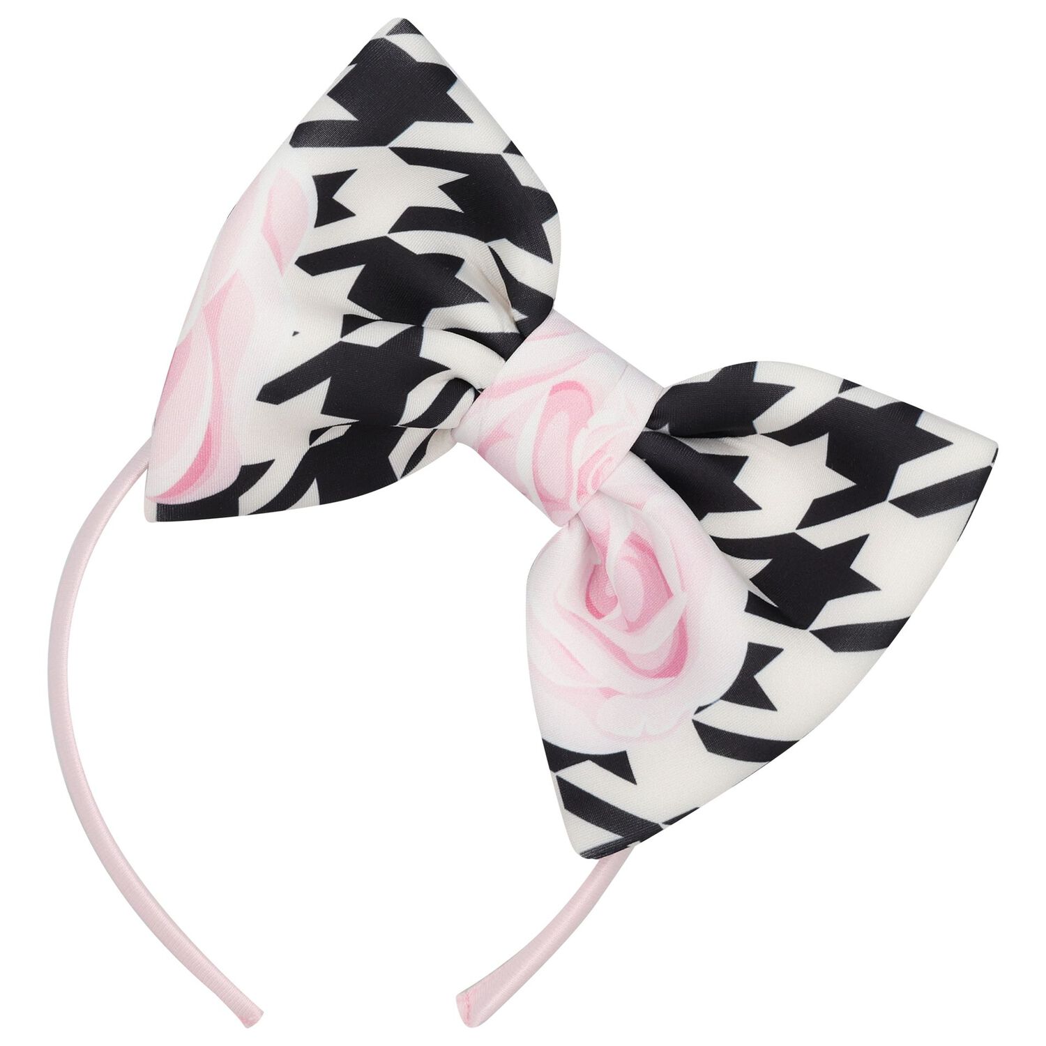 Girls Pink, Black & White Bow Houndstooth Headband, 1, hi-res