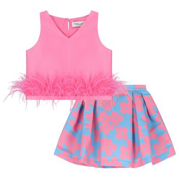 Girls Pink & Blue Floral Skirt Set