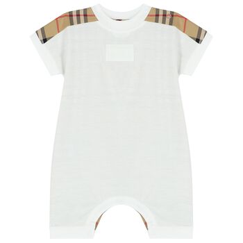White & Beige Check Baby Romper
