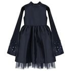 Girls Navy Blue Crystal Cape Sleeve Dress, 1, hi-res