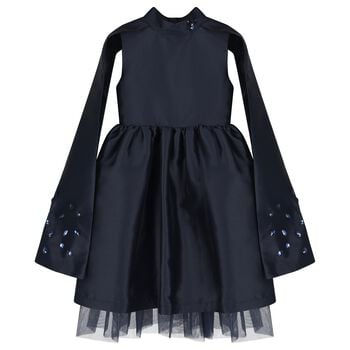 Girls Navy Blue Crystal Cape Sleeve Dress