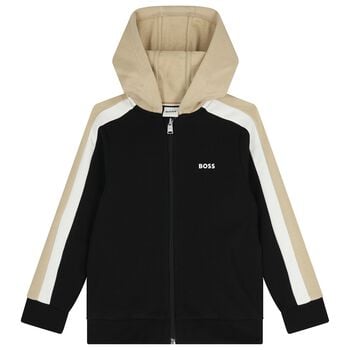 Boys Black Logo Hooded Zip Up Top