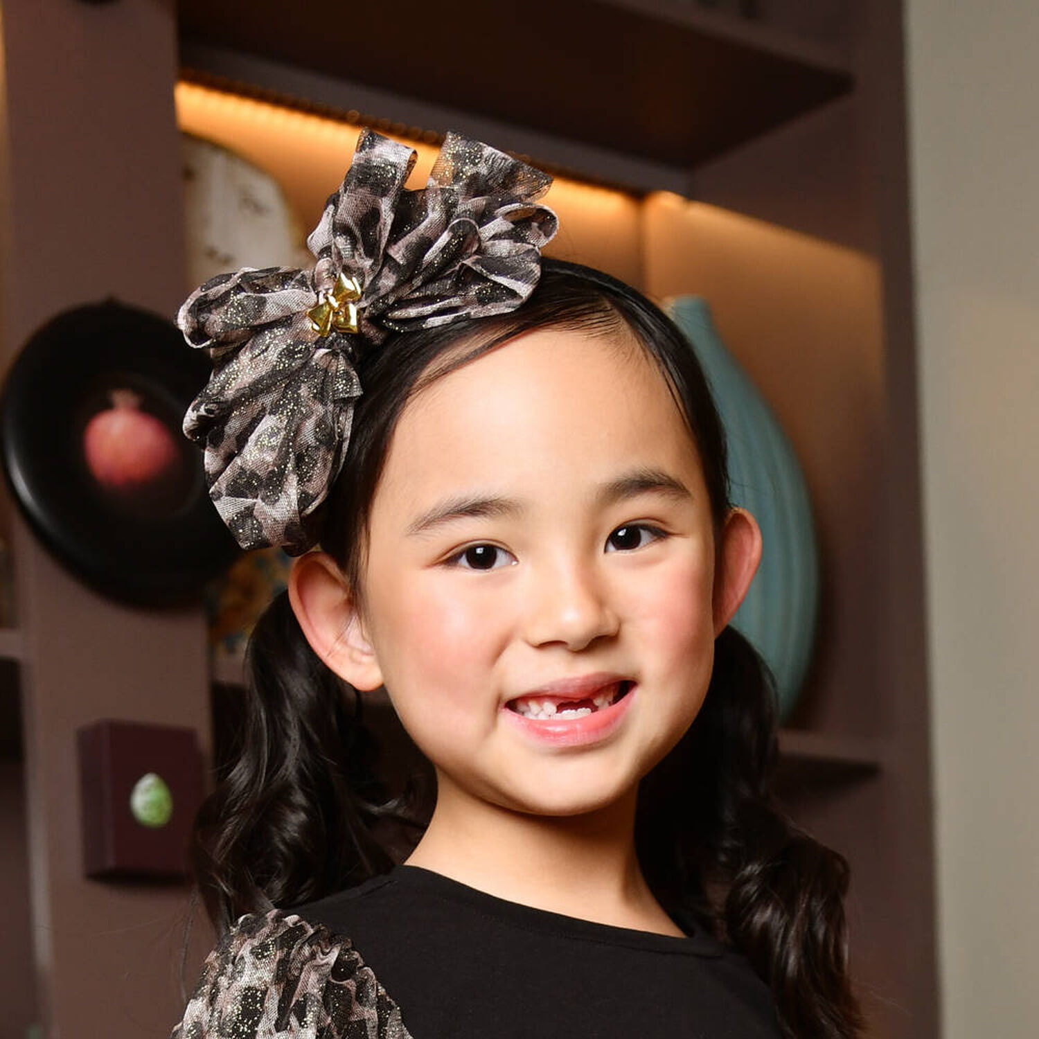 Girls Black & Beige Leopard Bow Headband, 2, hi-res