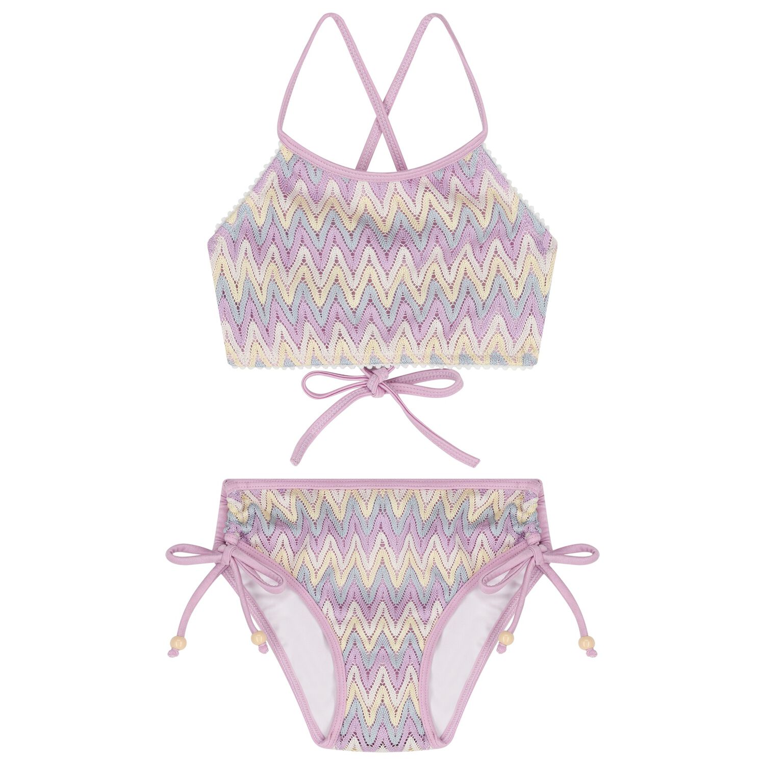 Girls Lilac & Ivory Zig-Zag Crochet Bikini, 1, hi-res