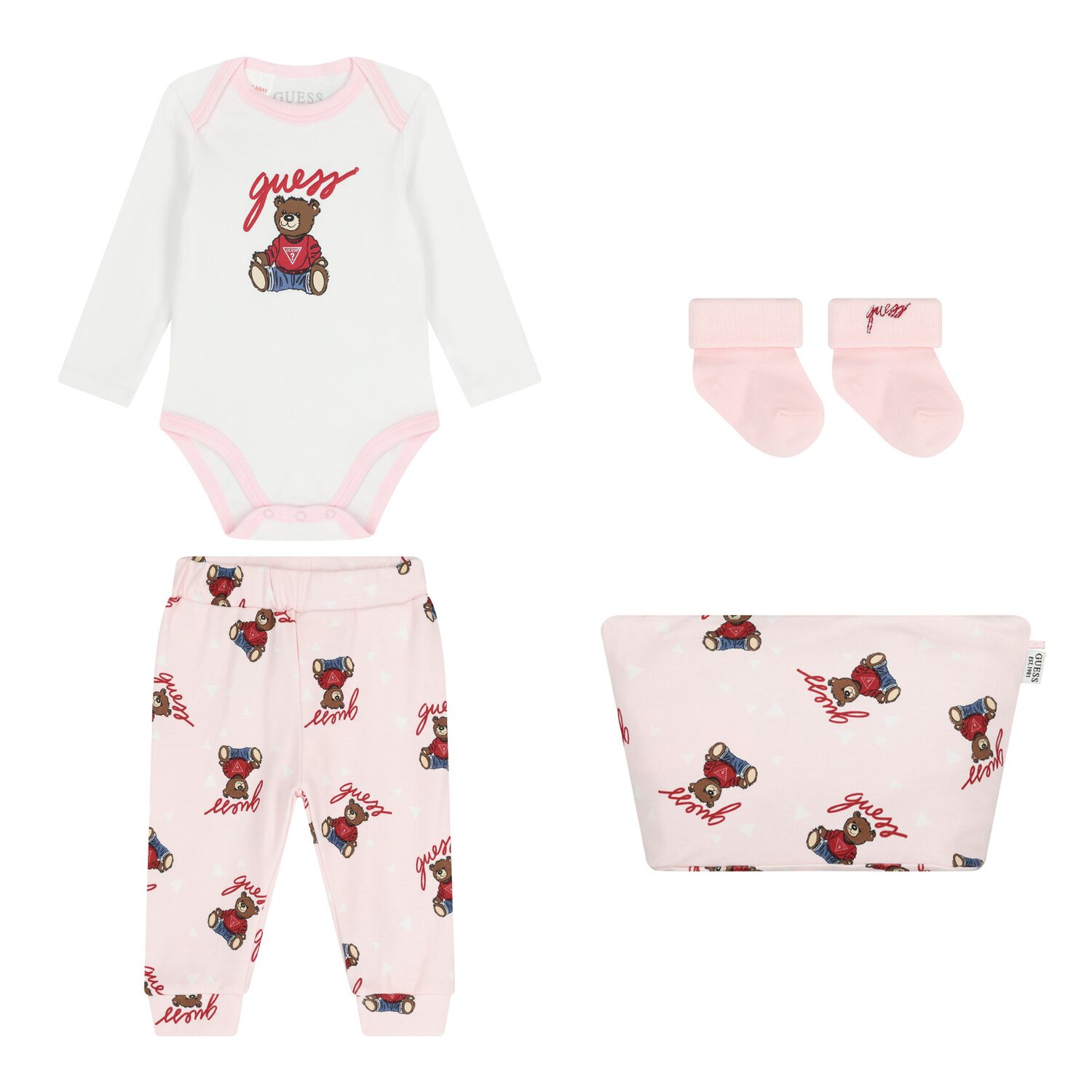 Baby Girls Pink & White Teddy Bear Logo Bodysuit Set, 1, hi-res