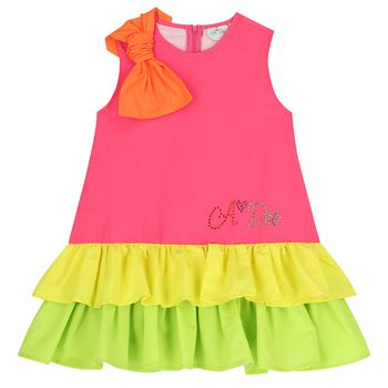 Girls Pink Bow & Diamante Logo Dress