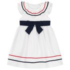 Girls White & Navy Blue Bow Dress, 1, hi-res