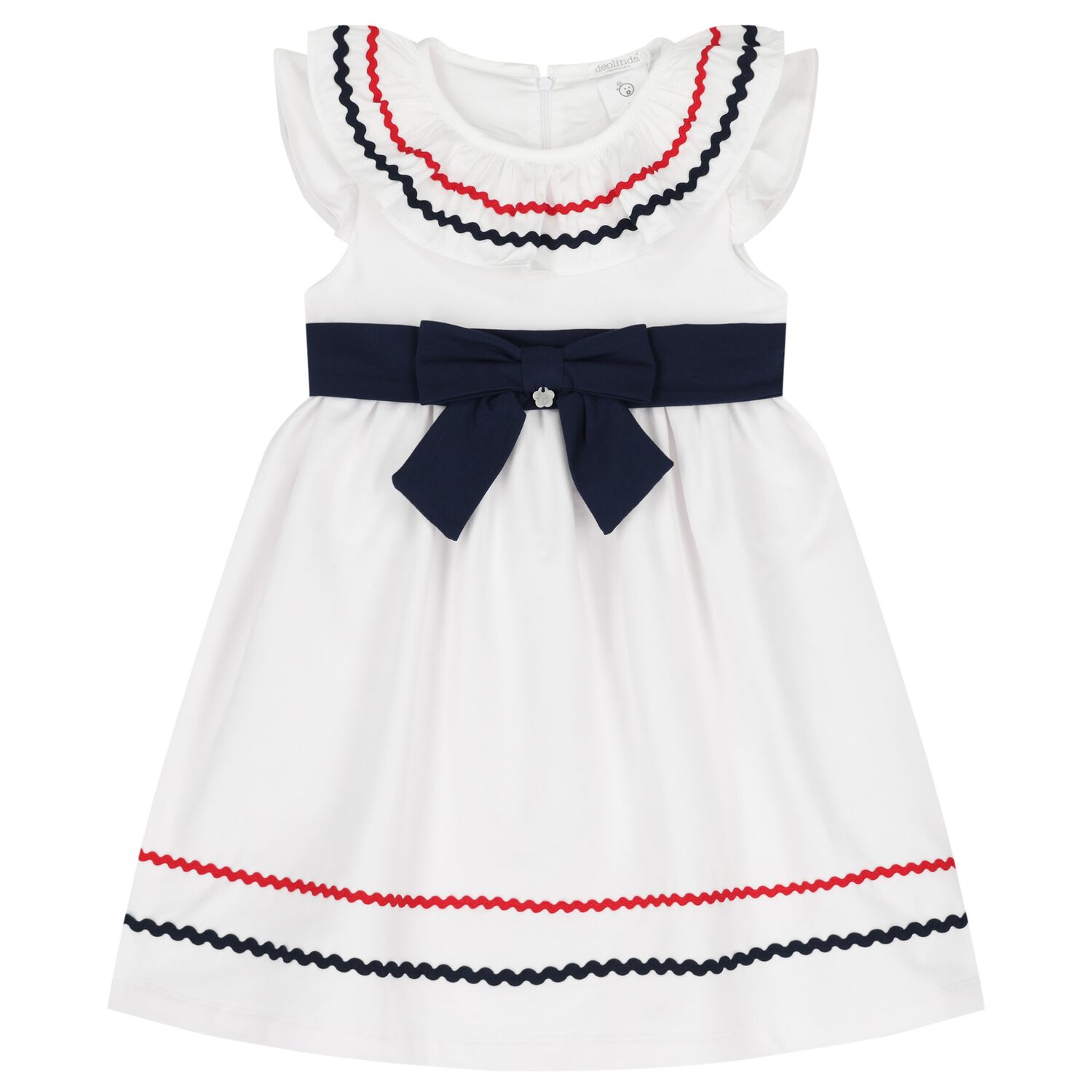 Girls White & Navy Blue Bow Dress, 1, hi-res