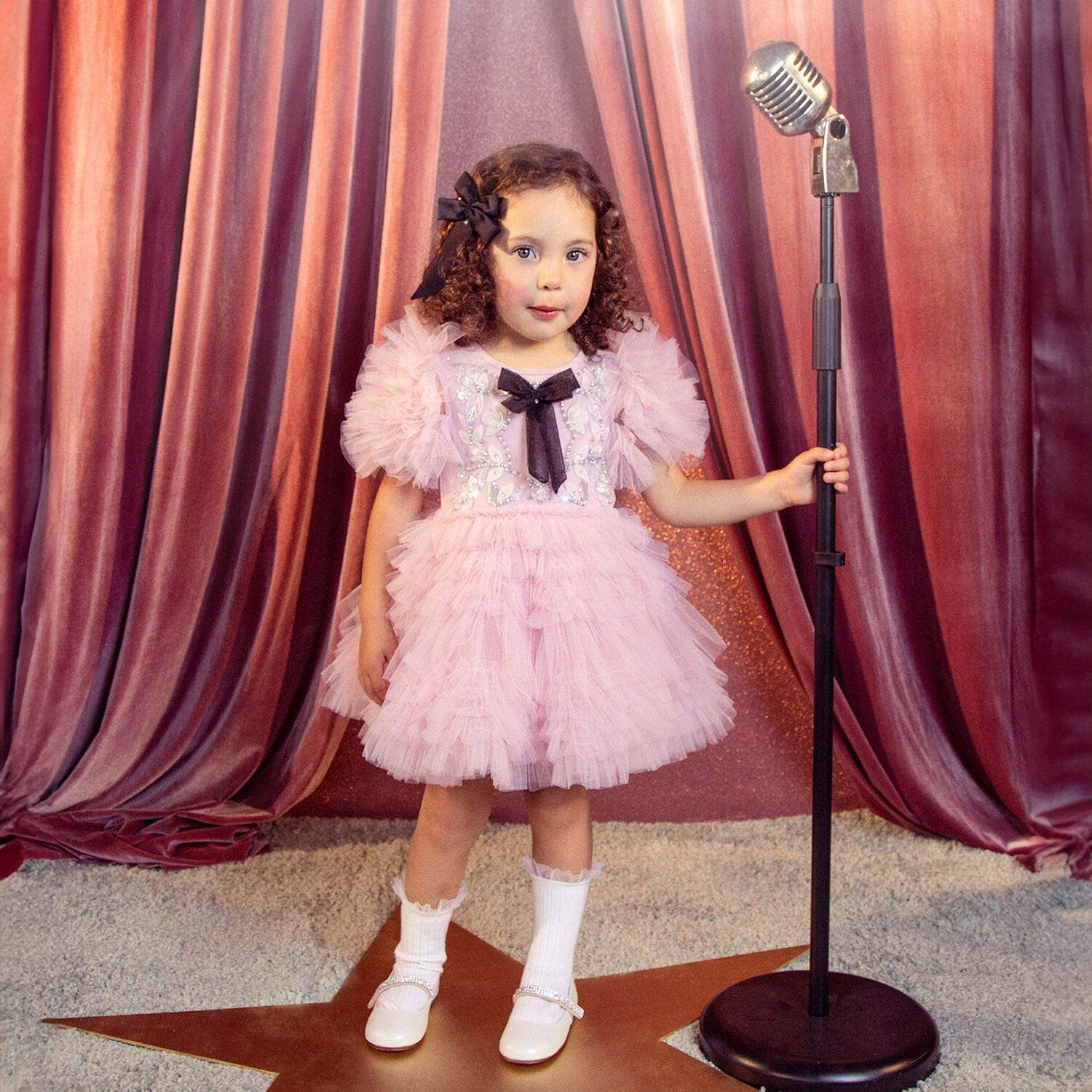 Baby Girls Pink & Black Bow Tulle Greta Dress Set, 1, hi-res