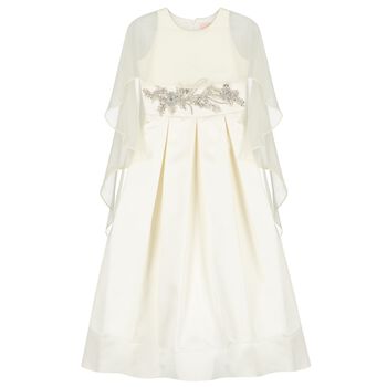 Girls Ivory Crystal Waist & Chiffon Cape Dress