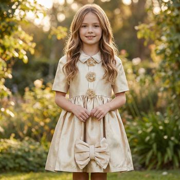 Girls Gold Flower Satin Twill Dress