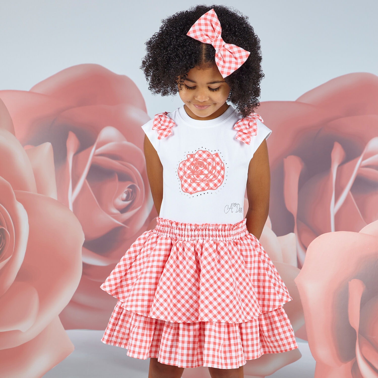Girls White & Coral Rose Dress, 1, hi-res