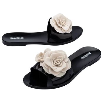 Girls Black & Beige Logo Flower Flip Flops