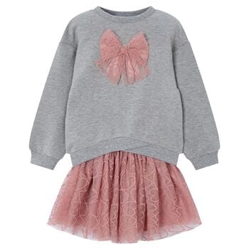 Girls Grey & Pink Bow Skirt Set