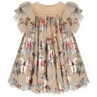 Girls Beige Tulle Flowers Dress, 3, hi-res