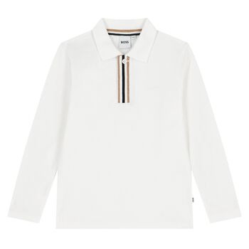 BOSS تيشيرت بولو للاولاد بالشعار باكمام طويله باللون الابيض , 2 تيشيرت بولو للاولاد بالشعار باكمام طويله باللون الابيض