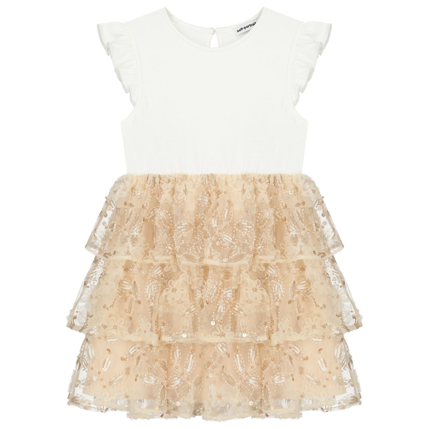 فستان بنات تول مزين بالترتر باللون البيج والعاجي, 1, hi-res image number null
