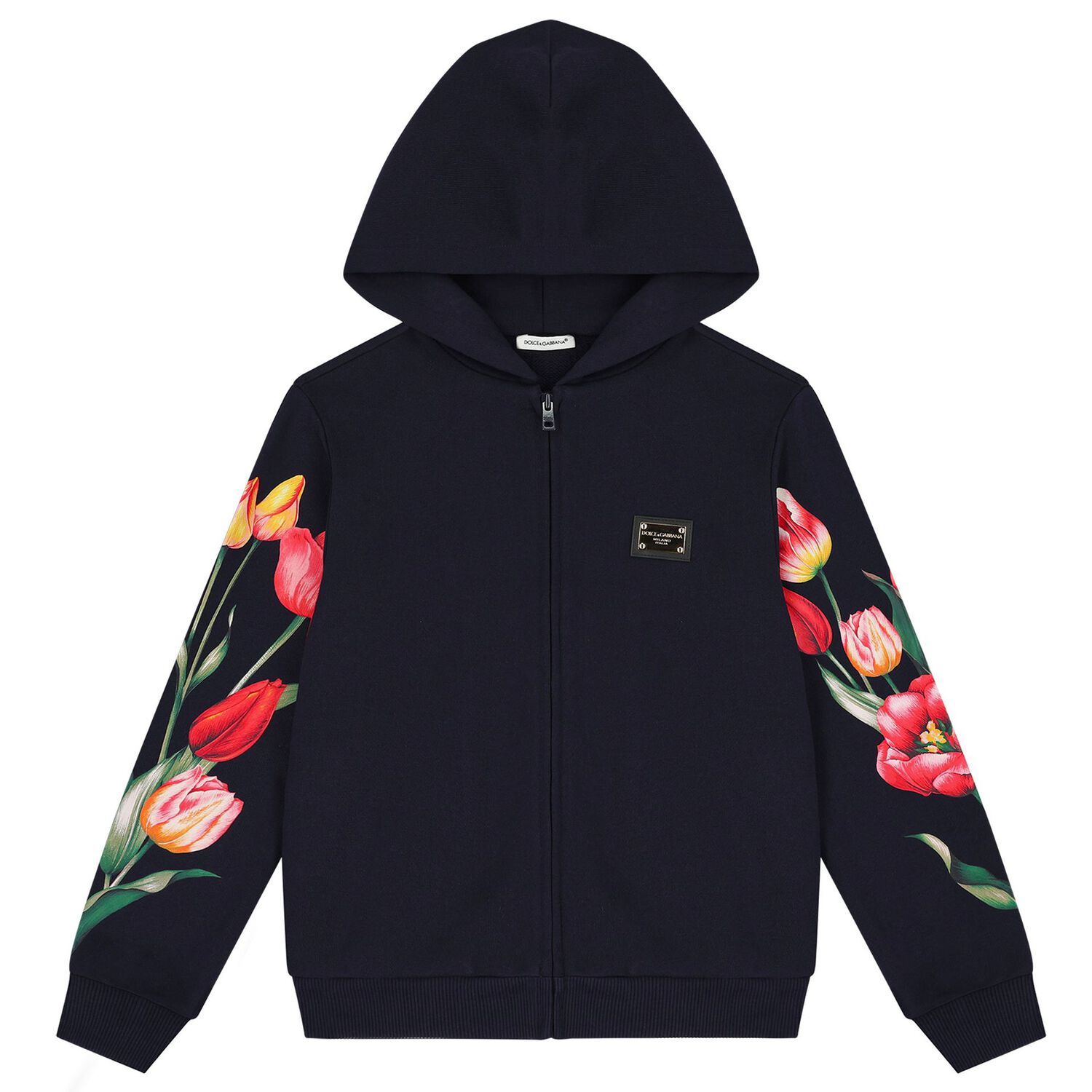 Girls Navy Blue Tulip & Logo Hooded Zip Up Top, 1, hi-res