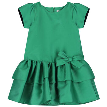 Girls Green Satin Bow Dress