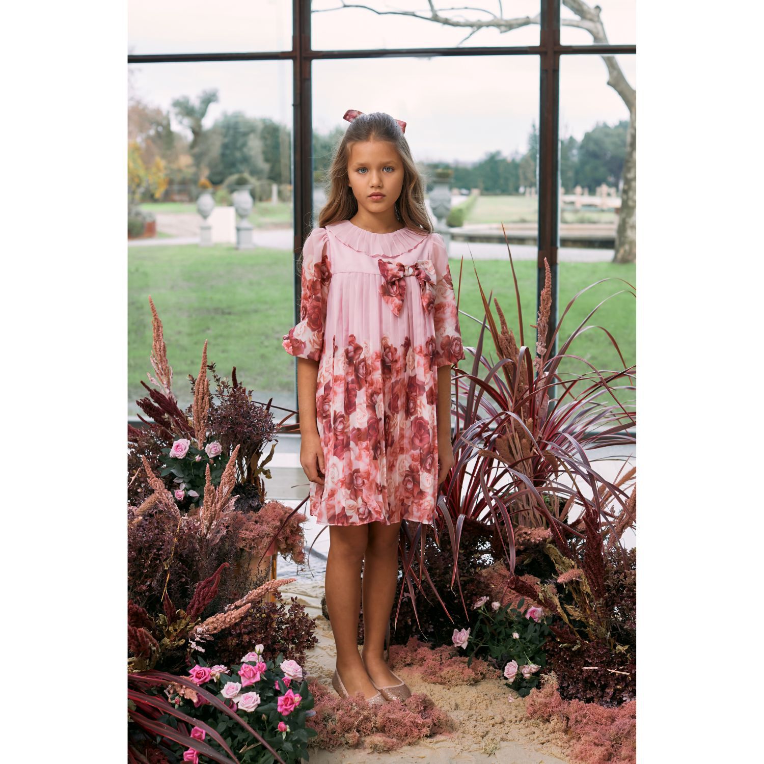 Girls Pink Floral Chiffon Dress, 1, hi-res image number null