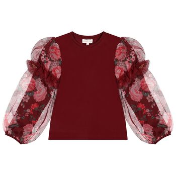 Girls Burgundy Floral Tulle Lila Long Sleeve Top