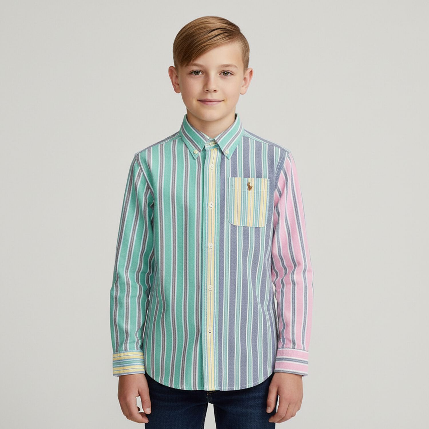 Boys Multi-Colored Striped Logo Shirt, 1, hi-res