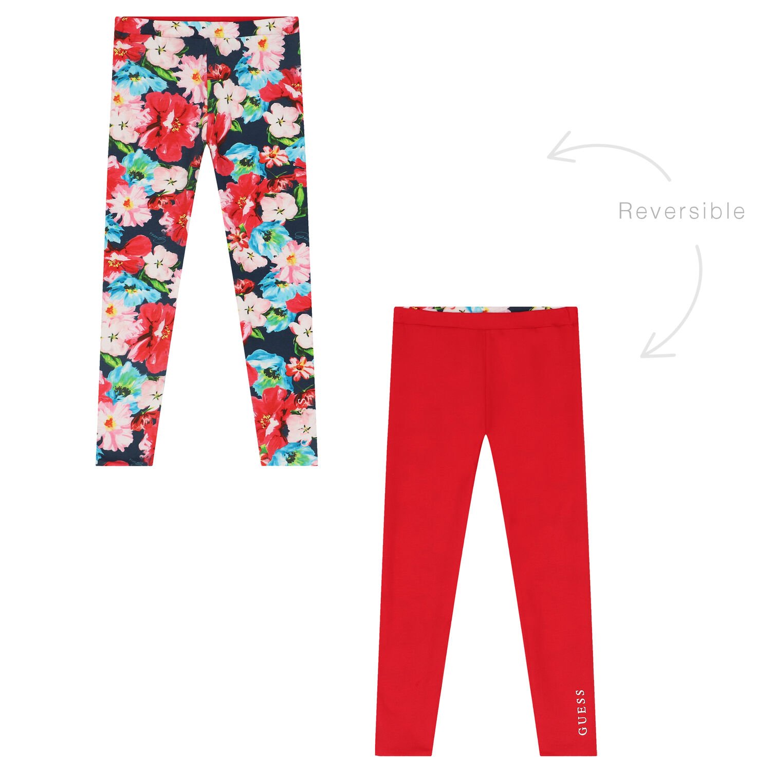 Girls Navy Blue & Red Floral Reversible Leggings, 1, hi-res