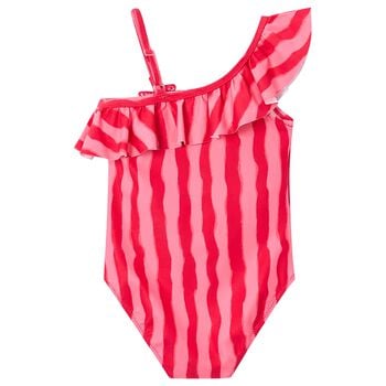 Girls Red & Pink Striped Swimsuit