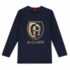 Boys Navy Blue Logo Top, 2, hi-res