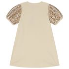 فستان بنات بالشعار باللون البيج والذهبى, 2, hi-res