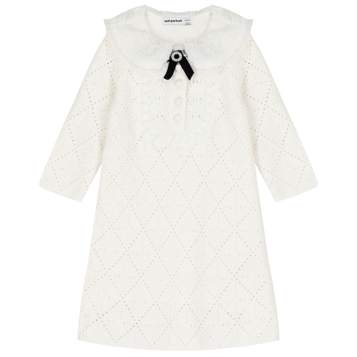 Girls White Knitted Floral Dress, 1, hi-res