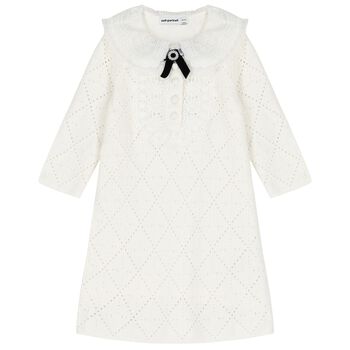 Girls White Knitted Floral Dress