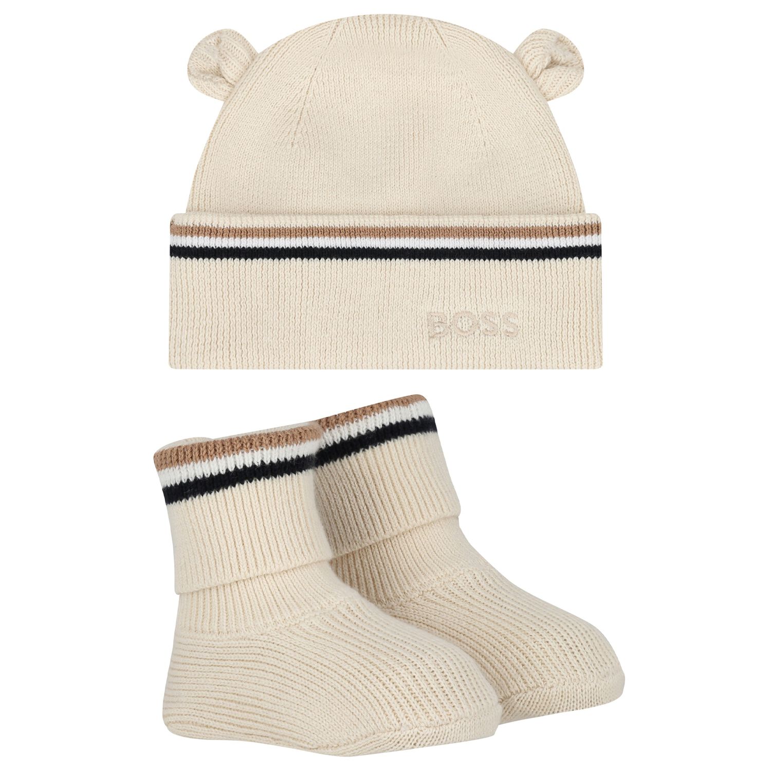 Beige Hat & Bootie Logo Baby Gift Set, 1, hi-res