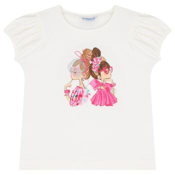 Girls White Puff-Sleeve T-Shirt