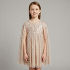 Girls Beige Sequinned Tulle Cape Dress, 1, hi-res