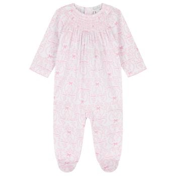  Baby Girls White & Pink Delicate Blooming Bow Babygrow