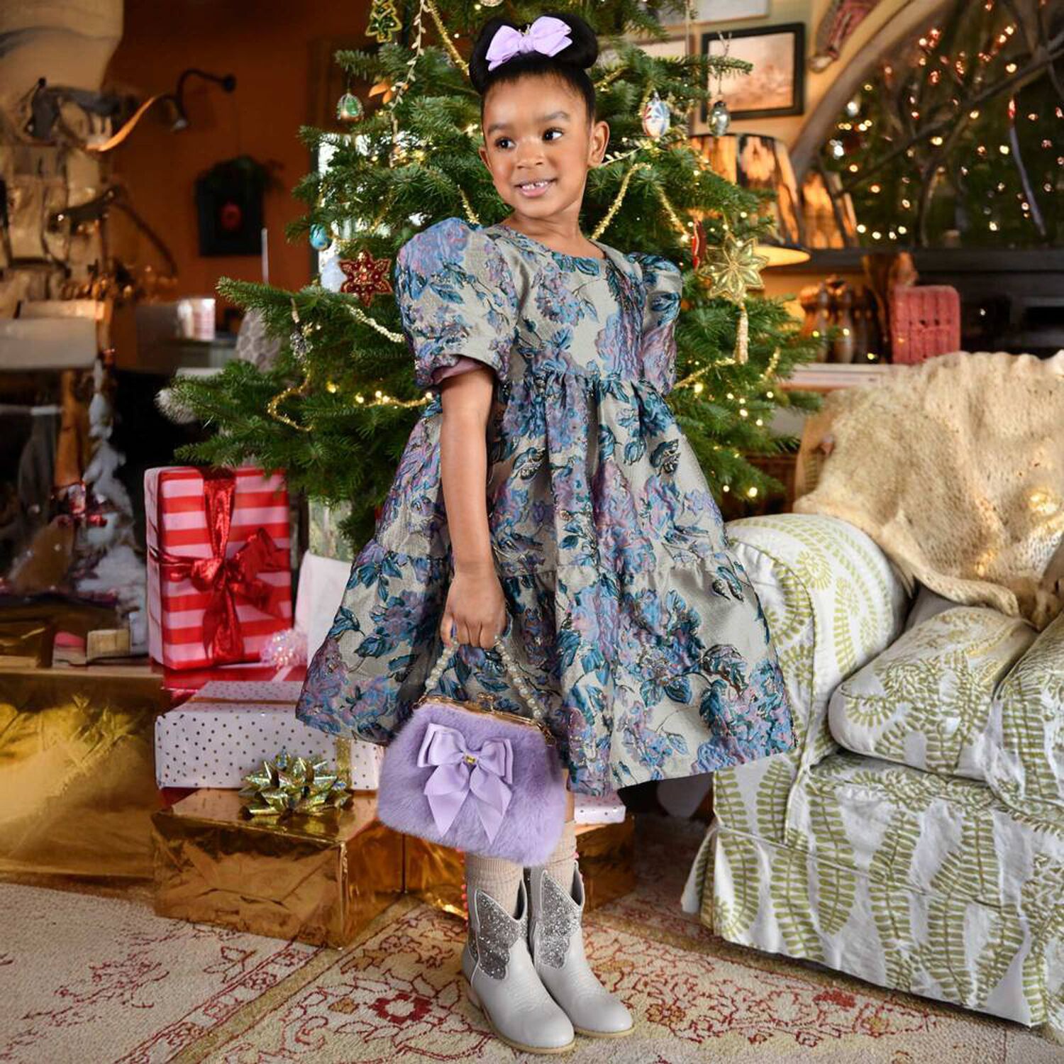 Girls Lilac & Blue Floral Jacquard Dress, 1, hi-res