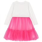 فستان بنات تول  بالشعار باللون الأبيض والوردي , 1, hi-res