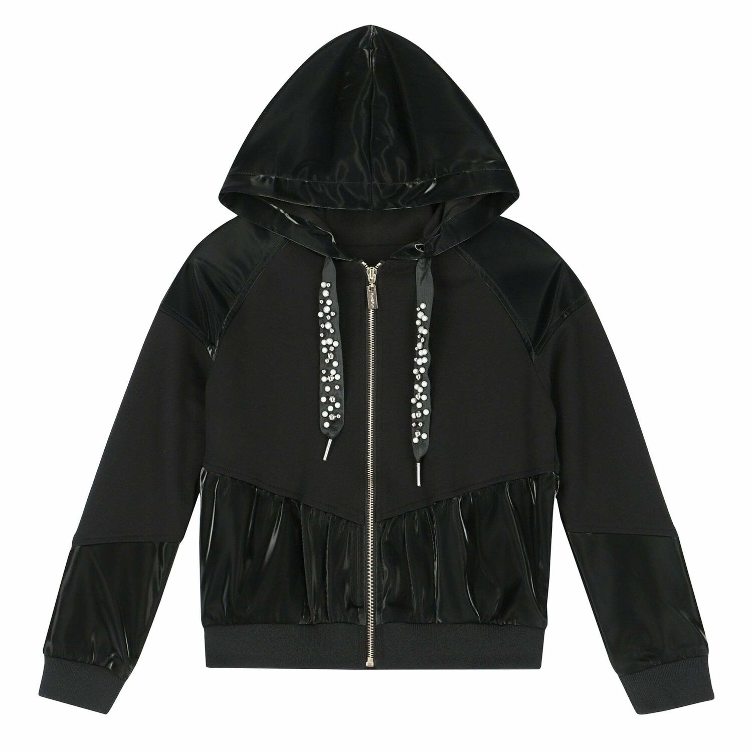 Girls Black Embellished Zip Up Top, 1, hi-res