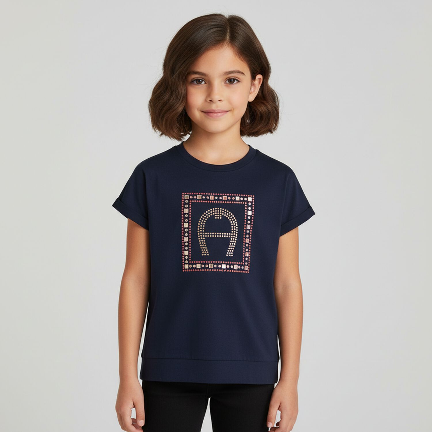 تيشيرت بالشعار باللون الكحلى للبنات, 1, hi-res