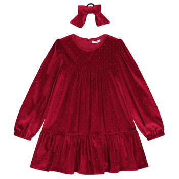Girls Red Sparkle Velvet Dress Set