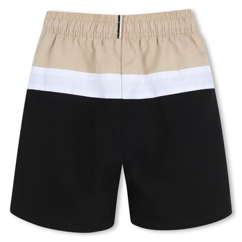 Boys Beige & Black Logo Swim Shorts