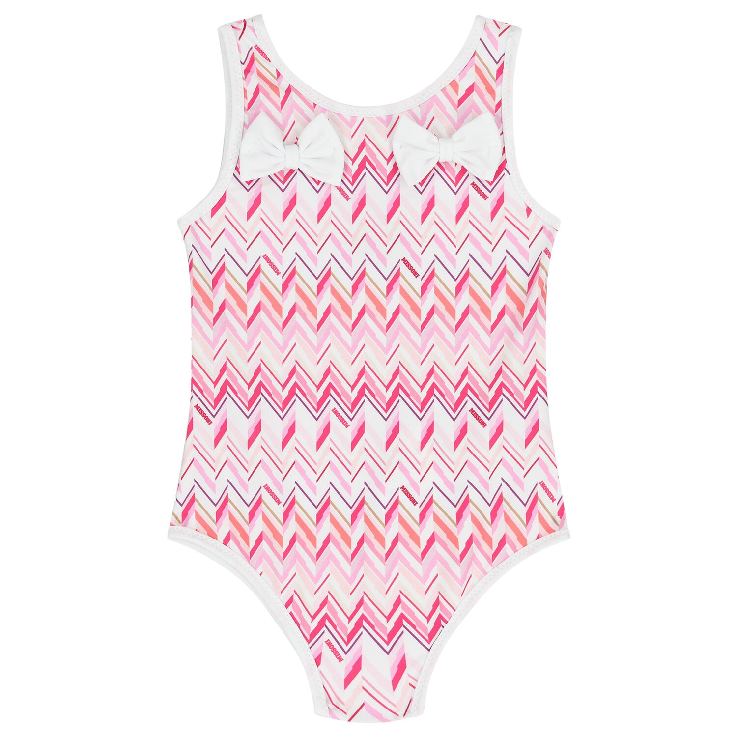 Younger Girls White & Pink Zig Zag Swimsuit, 1, hi-res