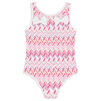 Younger Girls White & Pink Zig Zag Swimsuit