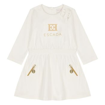 Younger Girls Ivory & Gold Logo Dress
