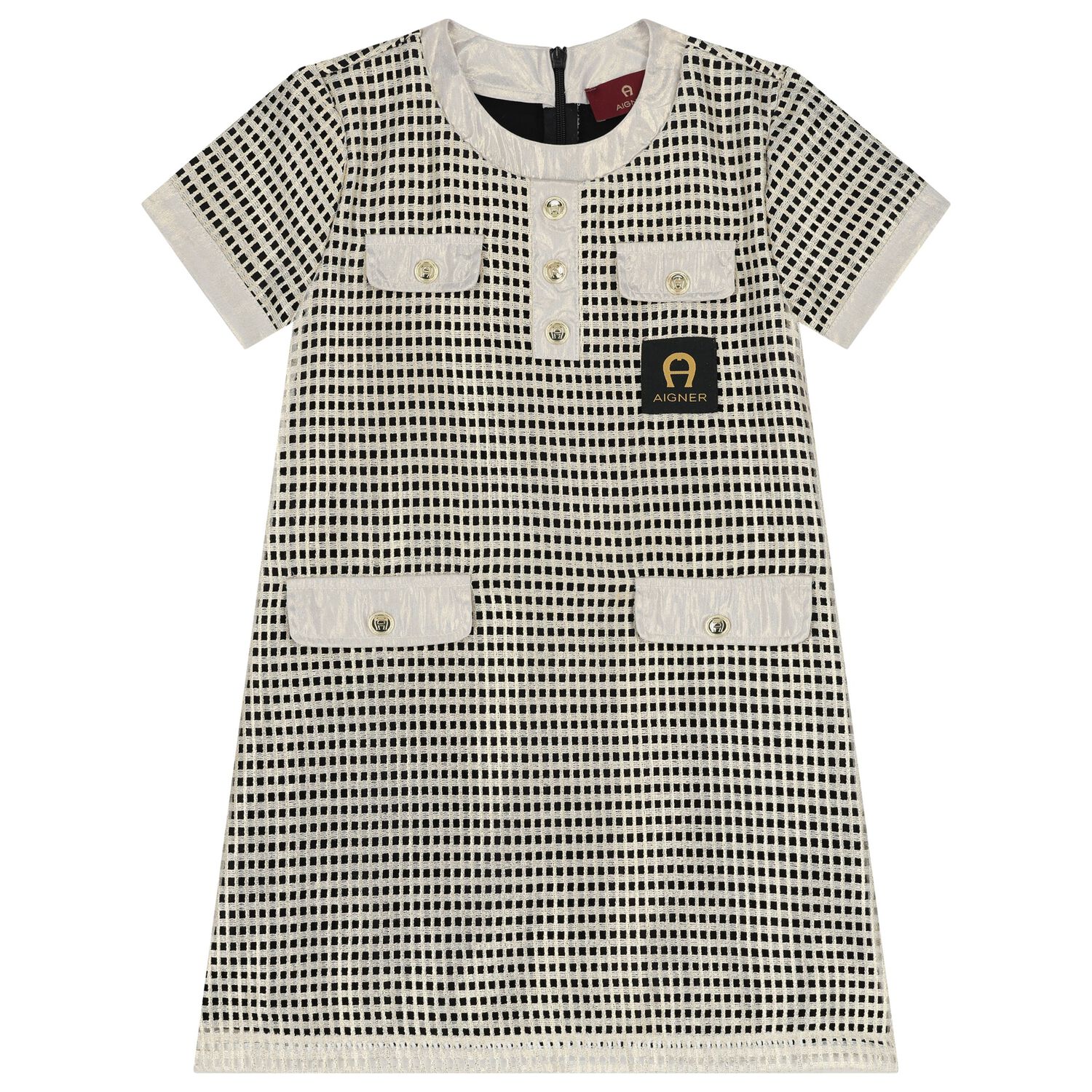 فستان بناتي باللون الأسود و الذهبي بشعار, 2, hi-res