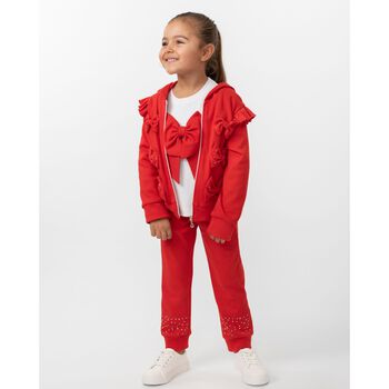 Girls White & Red Ruffled Tracksuit Set