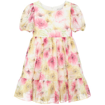 Girls White, Pink & Yellow Floral Dress