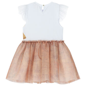 Girls White & Beige Geo Map Dress